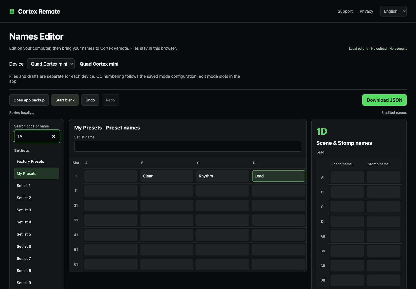 Desktop Names Editor showing the Mini preset table and scene and Stomp names.